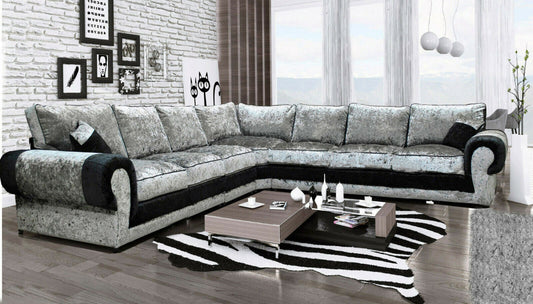 Black and Silver Crushed Velvet 7 Seater Corner Sofa