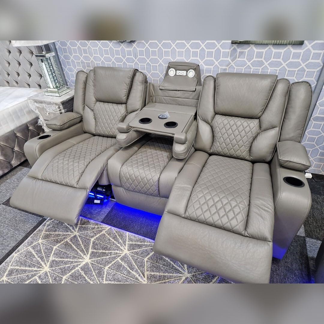 Grey Electric Recliner Leather Sofa Set