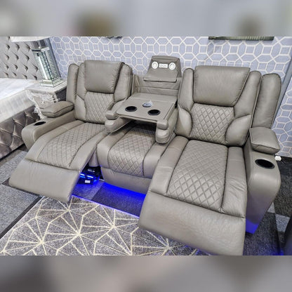 Grey Electric Recliner Leather Sofa Set