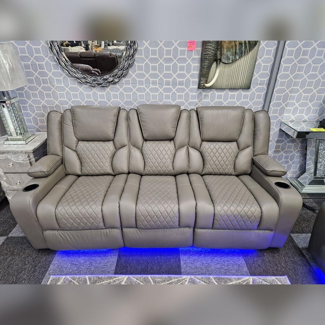 Grey Electric Recliner Leather Sofa Set