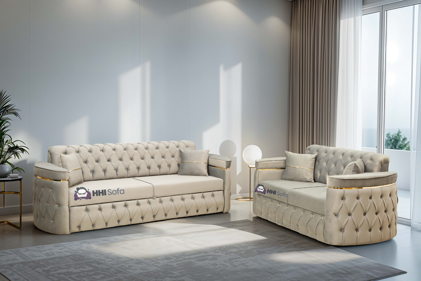 Turkish Chesterfield Plush Velvet 3+2 Seater Sofa Bed