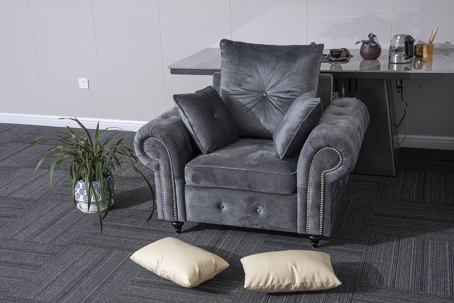 Grey Plush Sofa Set 3+2+1 Seater
