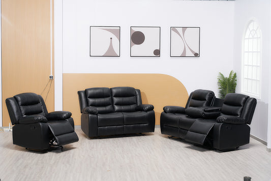 Black Manual Recliner Leather Sofa Set