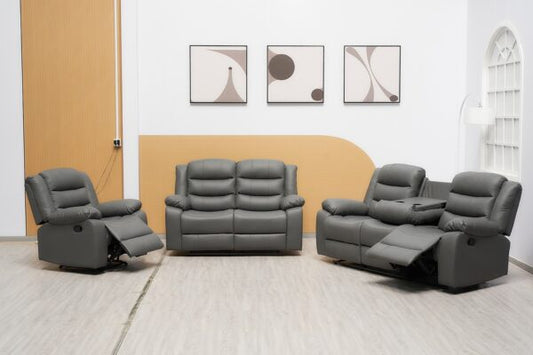 Grey Manual Recliner Leather Sofa Set