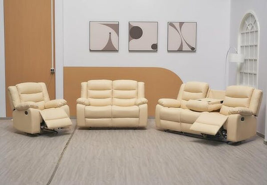 Cream Manual Recliner Leather Sofa Set