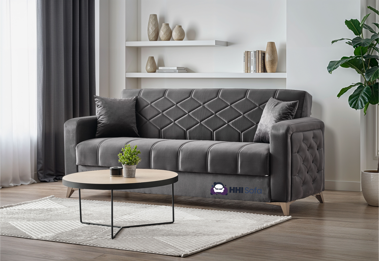 Plush Fabric Chesterfield 3-Seater Sofa Bed