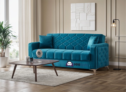 Plush Fabric Chesterfield 3-Seater Sofa Bed